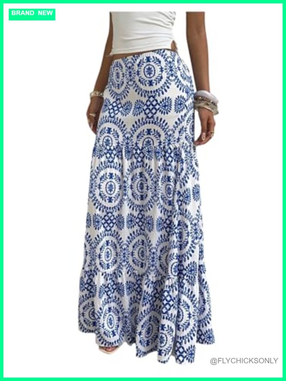 Milumia Women's Boho Tribal Print Low Rise Flowy Maxi Skirt Ruffle Hem